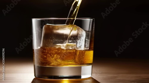 Pouring whiskey over ice in a glass. A classic drink experience highlighting relaxation and sophistication