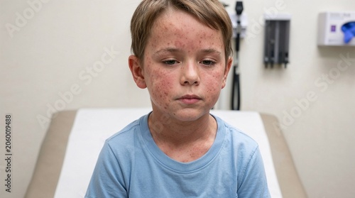 Young boy with measles rash sitting on examination table indoors  