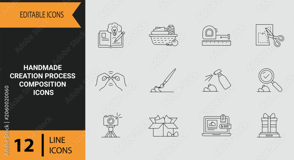 Naklejka premium Handmade Creation Process Craft Workflow Outline Icon Collection Design