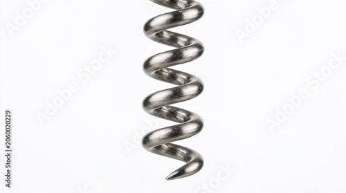 Metal corkscrew spiral in close-up view against white background  