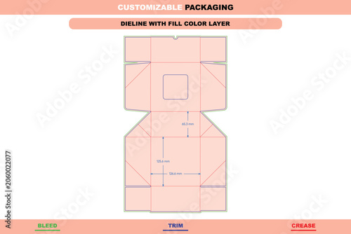 Folding box dieline template with window cutout, featuring color-coded bleed, trim, and crease lines with dimension annotations for packaging