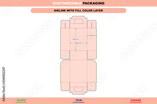 Gable box dieline template with measurement annotations, featuring green bleed, blue trim, and red crease lines on a light pink background