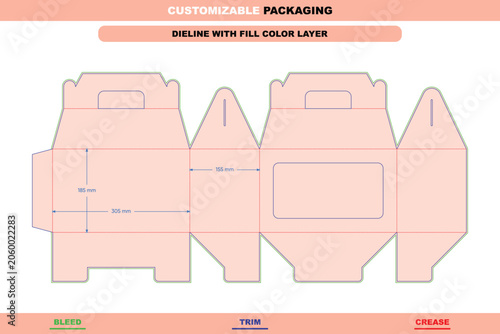 Gable box packaging dieline template with window cutout, featuring 305mm by 185mm dimensions, bleed, trim, and crease lines in a flat layout