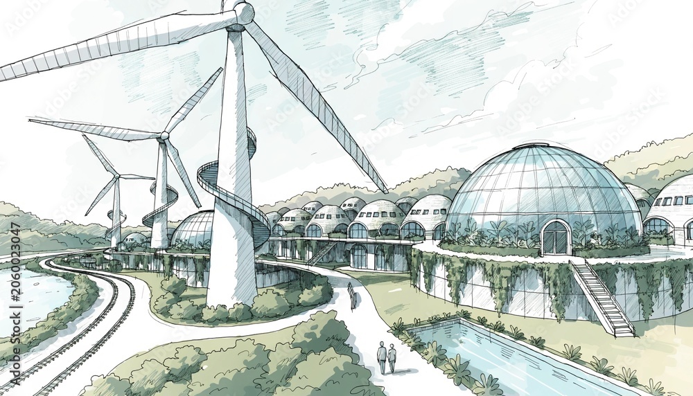 Fototapeta premium A conceptual sketch of an integrated village powered by massive wind turbines and circular greenhouses, pastel color palette, architectural drawing style.