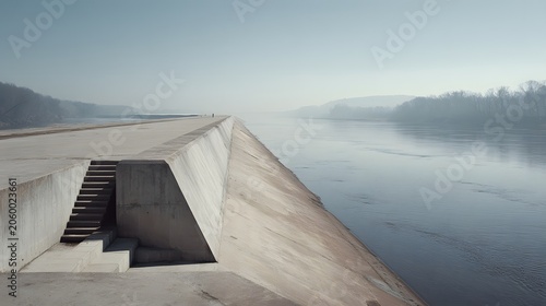 静かな大河沿いに続くコンクリート護岸と治水インフラ
Concrete flood control embankment and river management infrastructure with copy space