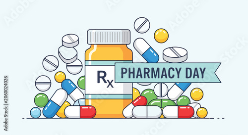 Fotografía Colorful pharmacy day illustration with pills and medication bottle