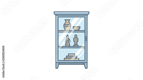 Illustration of a light blue wooden display cabinet with glass doors and decorative items