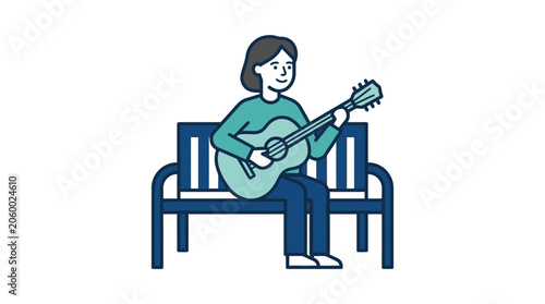 Illustration of a woman playing an acoustic guitar while sitting on a blue bench