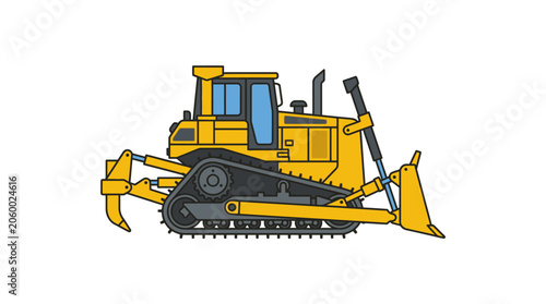 Illustration of a yellow bulldozer with tracks and blade on a white background