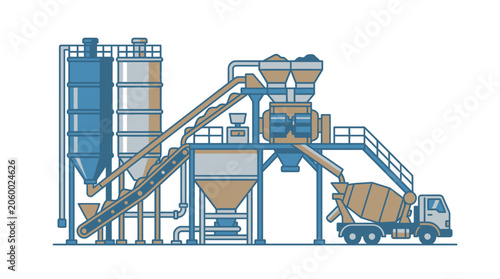 Industrial cement manufacturing plant with conveyor systems and mixer truck