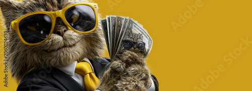A Surreal Anthropomorphic Cat Dressed as a Businessman Holds Custom Banknotes with Its Own Face, Symbolizing Wealth, Ego and The Ironic Side Of Success and Capitalism. Generative Ai.