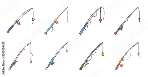 Colorful fishing rods set with question mark - Illustrated set of fishing rods in vibrant colors, including a question mark rod, ready for creative or commercial use.