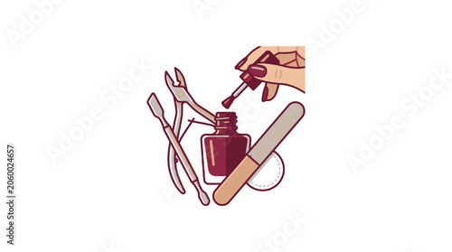 Manicure tools and hand applying red nail polish