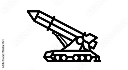 Line drawing of a mobile missile launcher vehicle on a white background