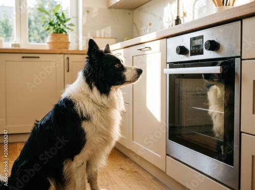 Black and white Border Collie dog in a sunlit modern kitchen