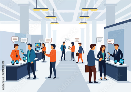 Valokuva A group of people in business casual clothing interact in a large room with coun