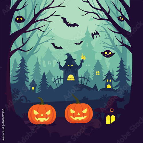 A spooky Halloween scene with jack-o-lanterns and haunted house