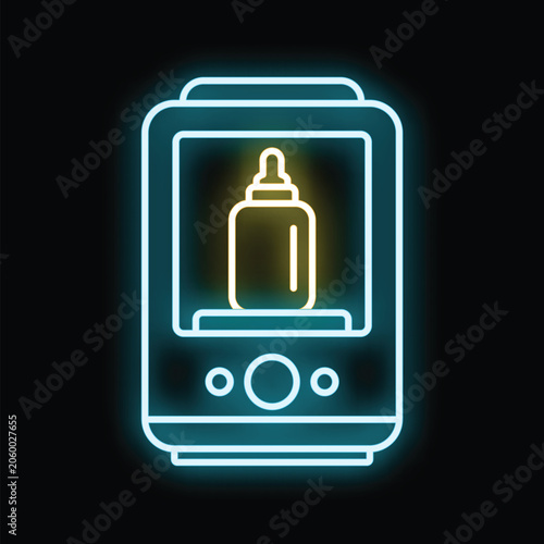 Foto Baby bottle warmer appliance glowing with neon light, heating milk for infant ca