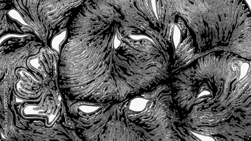 Black and white viscous liquid growing abstract pattern
