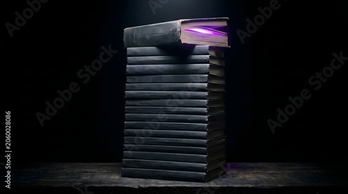 A stack of dark vintage books on a wooden table, with the top volume radiating a mystical purple light from within, representing the sudden spark of enlightenment and hidden wisdom.