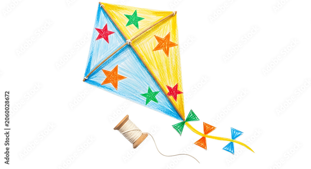Fototapeta premium Hand-drawn colorful star kite with winding string
