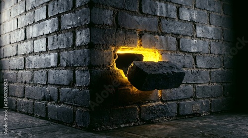 A single brick floating away from a dark masonry wall releases a brilliant golden glow, a powerful metaphor for breakthrough, hope, and discovering hidden inner light.