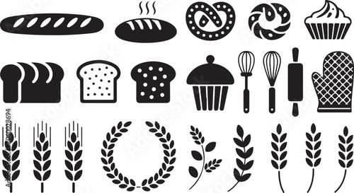 Fotografie Comprehensive bakery and baking elements collection featuring bread pastries and