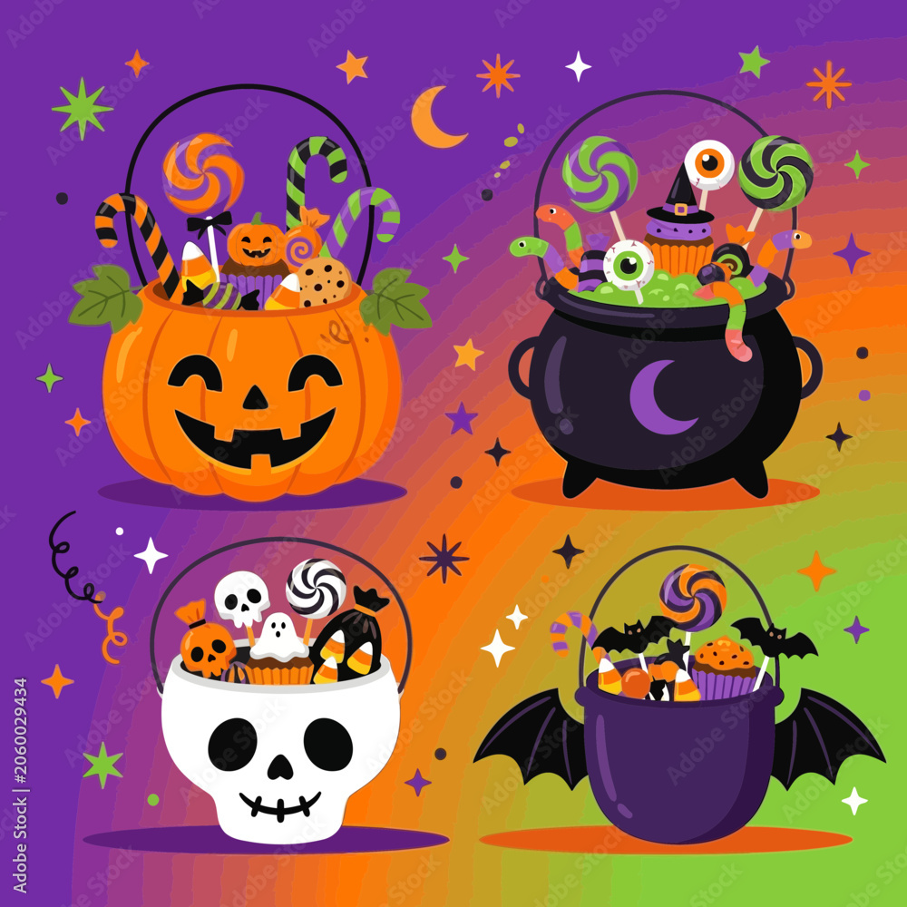Fototapeta premium Halloween Candy Buckets Assortment Featuring Pumpkin, Cauldron, and Skull