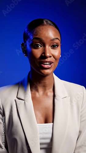 African american businesswoman talking to camera. Professional manager giving presentation or interview. Corporate communication concept on bright blue background.