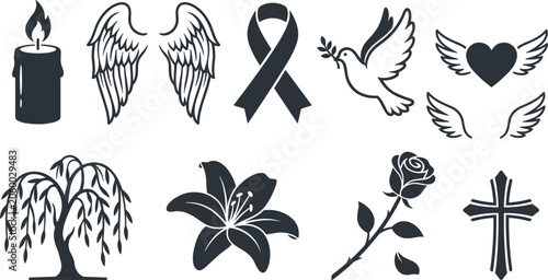 Foto Funeral and sympathy vector icon set with mourning candle angel wings awareness