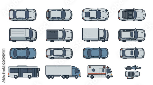Collection of top down perspective car truck van and transportation vehicles in flat design style for commercial use