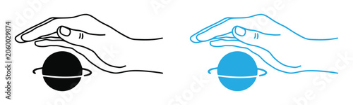 Schilderij op canvas A versatile icon of a hand shielding the Earth, available in black and blue line art styles, symbolizing protection and care for the planet