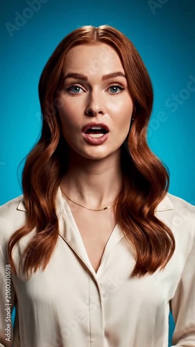 Redhead woman greets with kiss and smile. Portrait of female model with long wavy hair against blue background. Beauty communication and friendly expression.