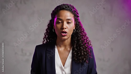 Business woman gesturing while speaking to camera. Professional speaker giving presentation or lecture. Corporate communication and leadership concept, studio set.