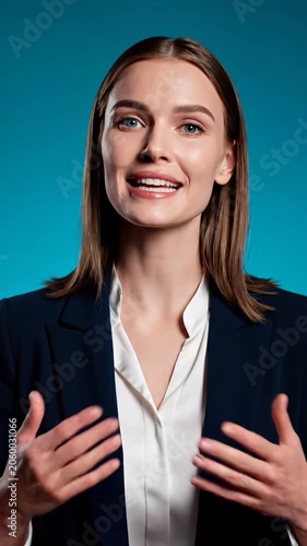 Business woman speaking directly to camera. Professional manager communicating information during corporate video presentation. Career and office communication concept.