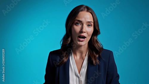 Young woman in professional blazer talking to camera. Caucasian businesswoman explaining concept during presentation. Corporate communication and leadership training.