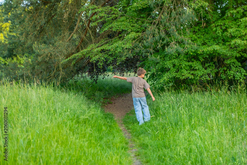 Foto Carefree teenager walking green summer meadow bamboo stick, mental health relief