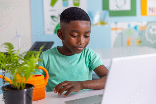 African American child in tee using laptop at classroom desk with fern, watering-can, solar poster