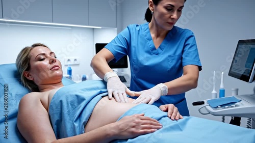 Doctor examining abdomen of a pregnant woman during ultrasound checkup. Medical professional performing physical assessment of patient in hospital diagnostic clinic.