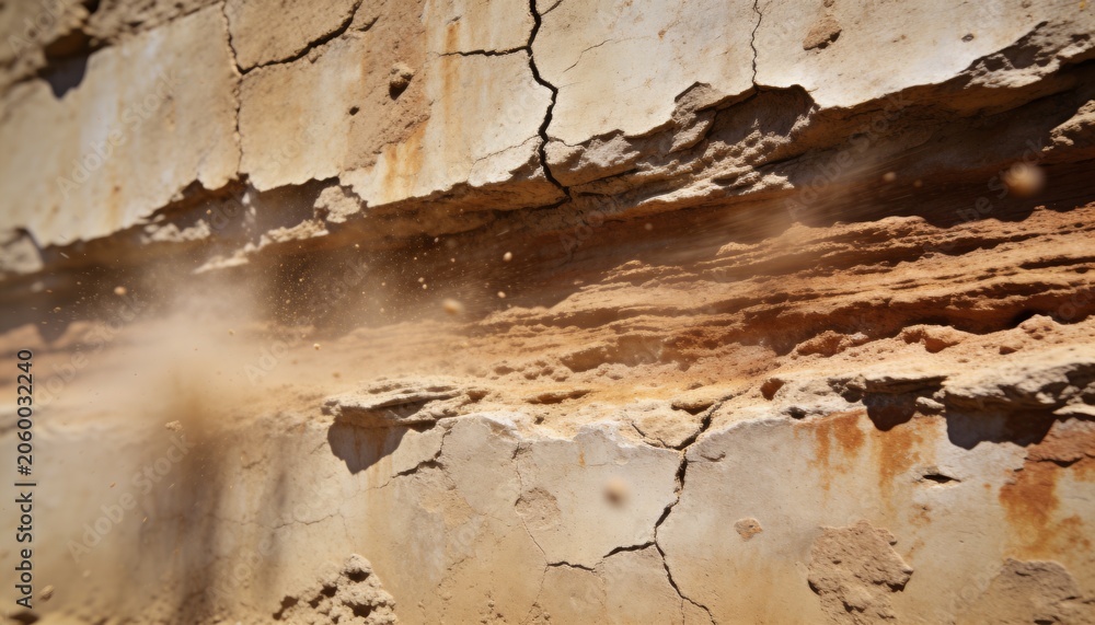 Fototapeta premium Showing clay wall at arid outcrop with horizontal layers, cracks, flaky ledges, rust streaks, dust
