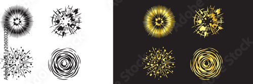 Tableau sur toile Abstract glowing golden sparks and black ink paint brush strokes compilation for