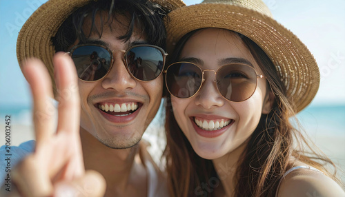 Happy couple taking selfie on beach wearing sunglasses