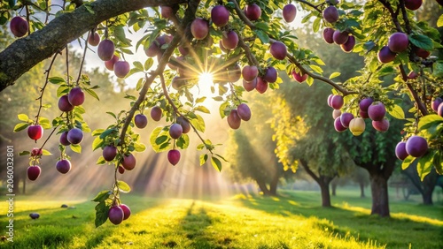 Sunlit Orchard Abundance Plums Ripening on Branches, bathed in golden morning light, a picturesque scene of a fruitful harvest.
