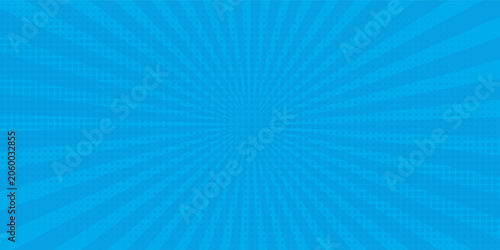 Comic background. Pop art texture. Starburst cartoon style. Anime design with explosion effect for print. Fun dot pattern. Blue backdrop with halftone gradient.