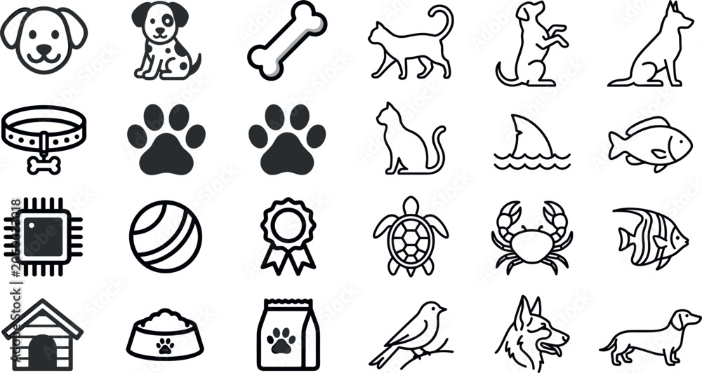 Obraz premium Pet care and domestic animal line icon set with dog breeds cat paw print fish turtle microchip symbols isolated on white background