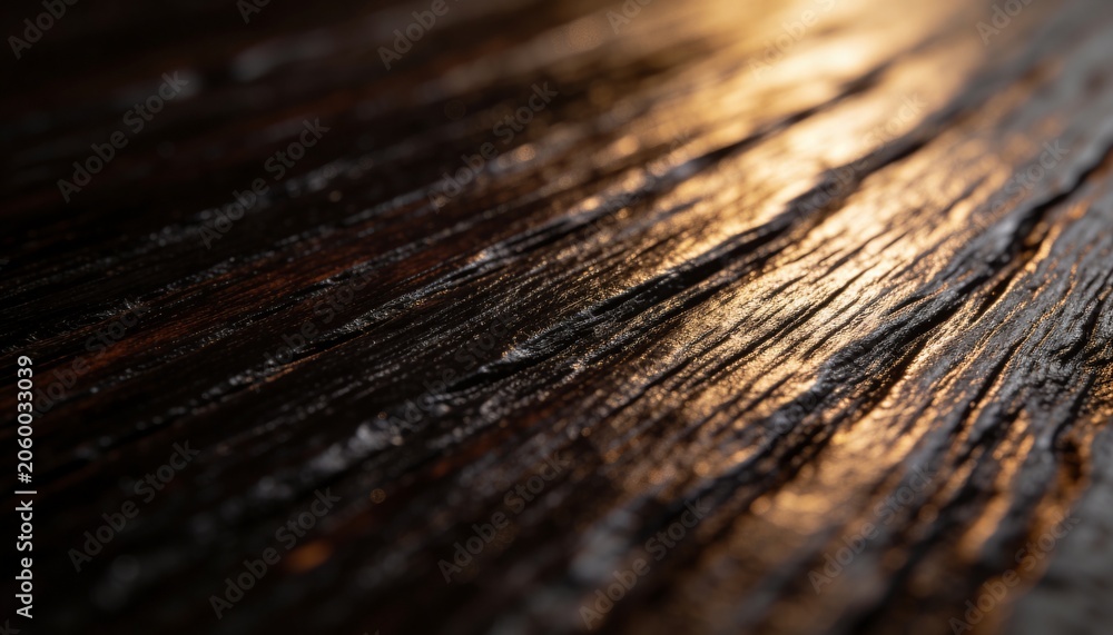 Fototapeta premium Showing weathered dark wooden plank glistening under warm angled light, with deep parallel grooves