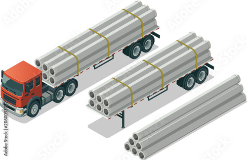 Semi truck carrying concrete pipes on flatbed trailer