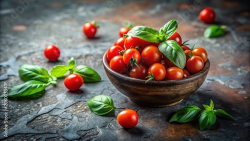 A rustic bowl overflowing with vibrant, ripe cherry tomatoes and fragrant basil leaves, scattered on a dark textured surface