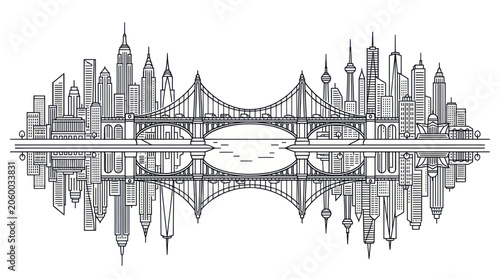 Fotografie New York City Skyline with Bridge and Reflection - Outline Illustration