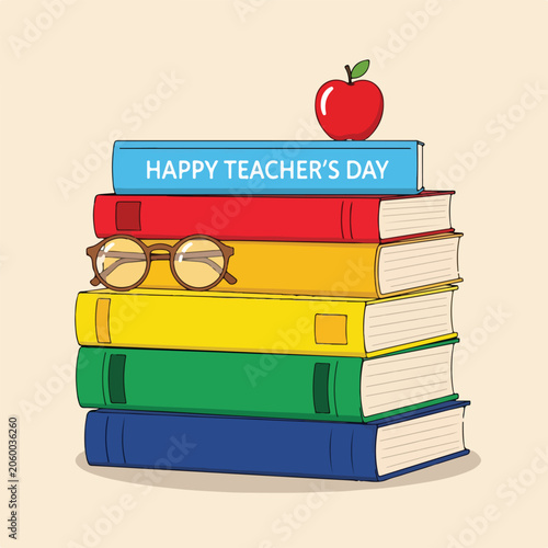 A stack of colorful books with glasses and an apple